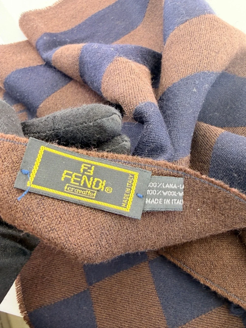 Fendi Brown and Navy Checker Scarf with FF Logo Fringe